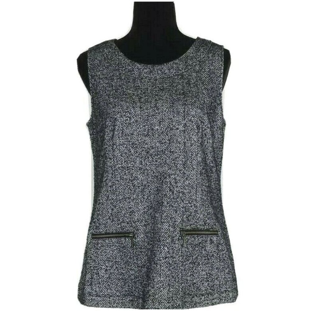 Cabi‎ MED Top Tweed Black Gray Chevron Zip Pocket Tunic Work Basic Stretch